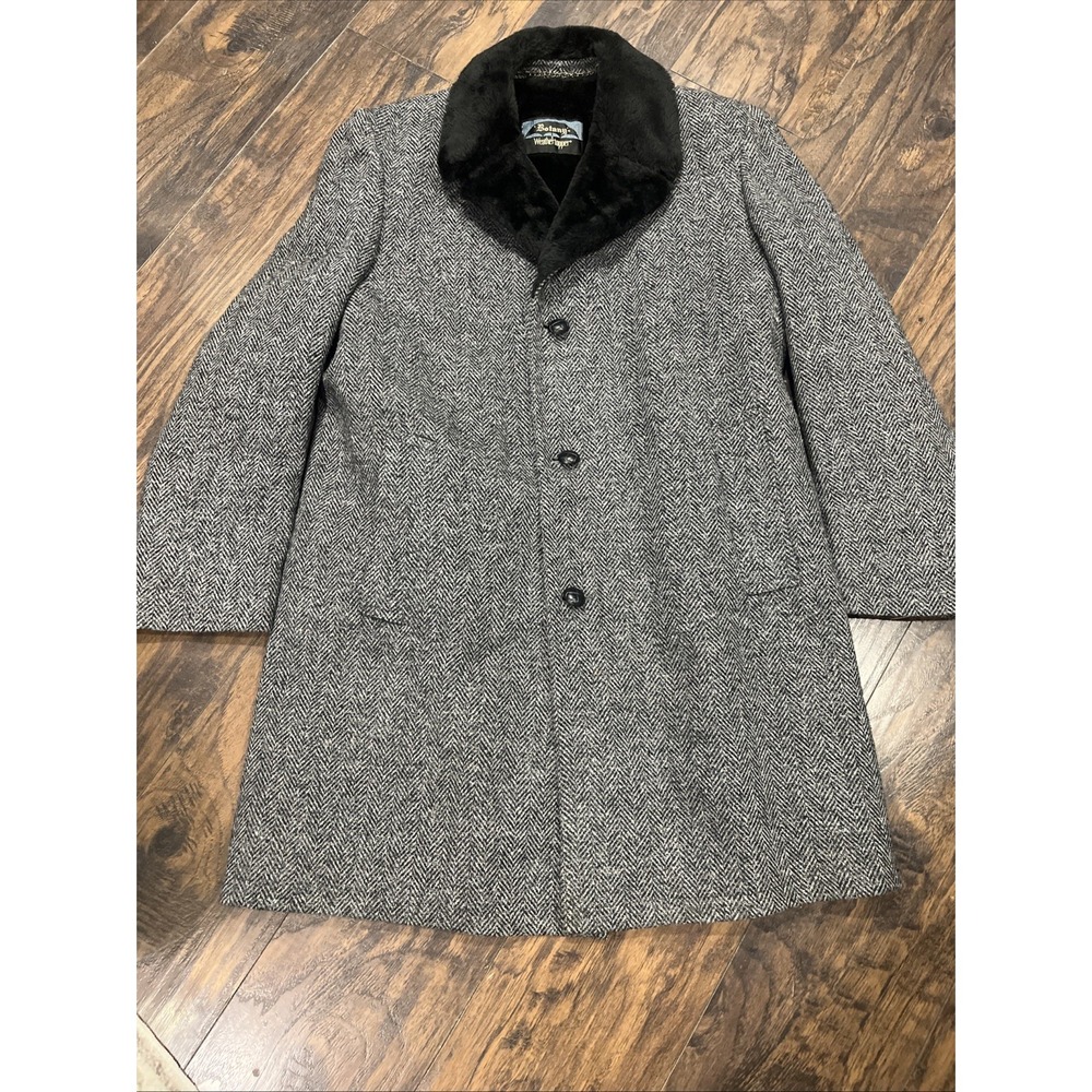 Vintage Botany Weather Topper Coat / Overcoat 40 Long Herringbone Faux Fur Lined